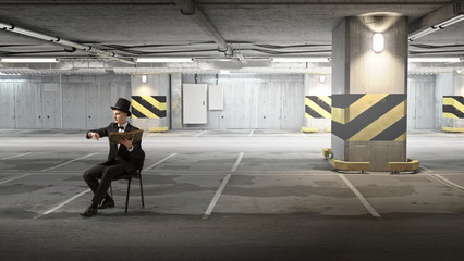 Elegant businessman read old book . Mixed media