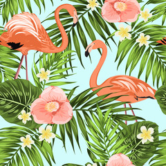 Obraz premium Flamingo birds tropical rainforest jungle pattern