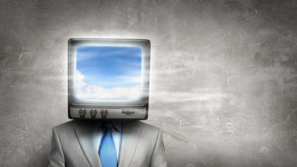 Man with TV instead of head . Mixed media