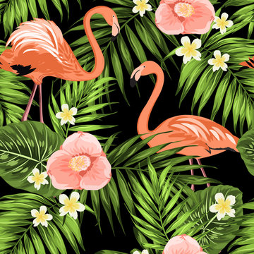 Flamingos in palm leaves with camellia plumeria