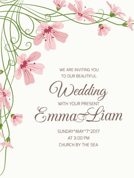 Wedding invite card gypsophyla flowers on beige