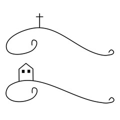 Cross on a hill and house on terrain wave - a simple curved linear vector drawing