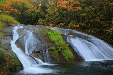 紅葉の釜淵の滝