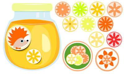 Closed glass with orange marmalade, marking labels hedgehog and orange. A set of round stickers with different kinds of citrus.