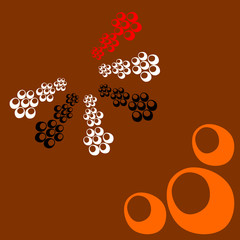 Abstract orange, white, black and red objects on brown background in diagonally composition