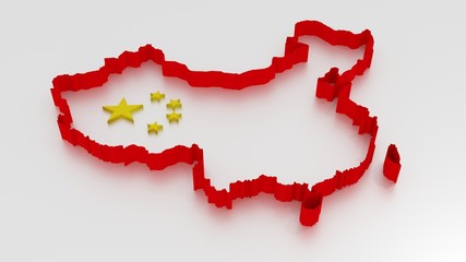 3D Map outline of China in red isolated on white