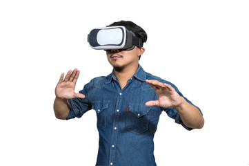 Asian Man wearing virtual reality on white background, include c