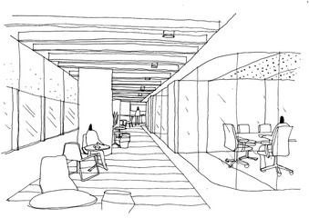 Outline sketch drawing and paint of a interior space, office,Breakout	