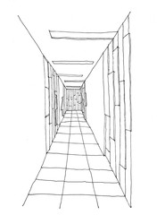 Fototapeta na wymiar Outline sketch drawing and paint of a interior space, Bathroom corridor department store 