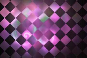 Abstract glowing checkered grunge background. Fantasy vintage fractal texture in pink, purple, green and black colors. 3D rendering.