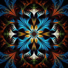 Abstract colorful floral ornament on black background. Symmetrical pattern in blue, dark orange, white and green colors. Fantasy fractal design for postcards, wallpapers or t-shirts.