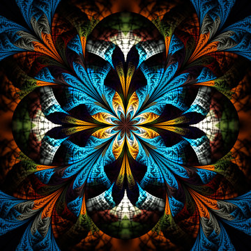 Abstract colorful floral ornament on black background. Symmetrical pattern in blue, dark orange, white and green colors. Fantasy fractal design for postcards, wallpapers or t-shirts.