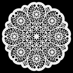 Lace round paper doily, lacy snowflake, greeting element,  template for cutting  plotter, round pattern, laser cut  template, doily to decorate the cake,  vector illustrations. - obrazy, fototapety, plakaty
