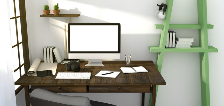 3D Rendering : illustration of modern creative workplace mockup.PC monitor on wooden table.translucent curtain and glass window with sunrise shining from outside.clipping path included