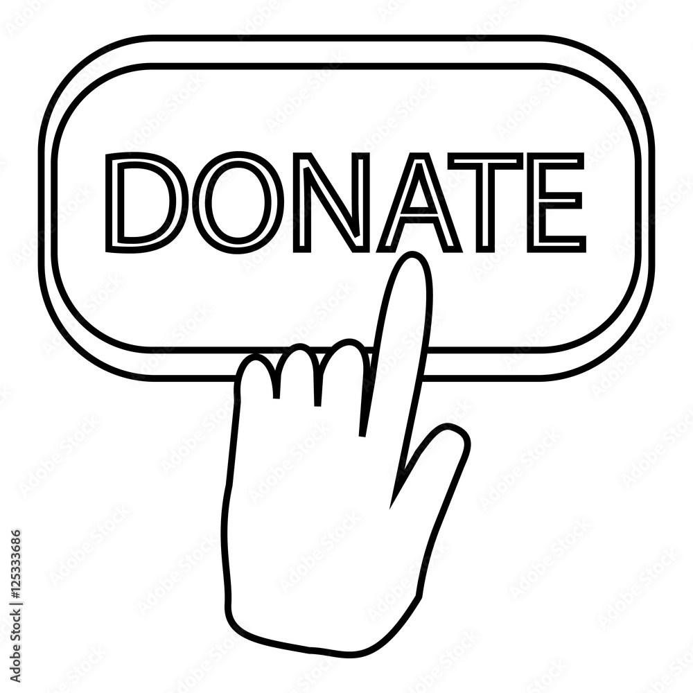 Poster hand presses button to donate icon. outline illustration of hand presses button to donate vector ico