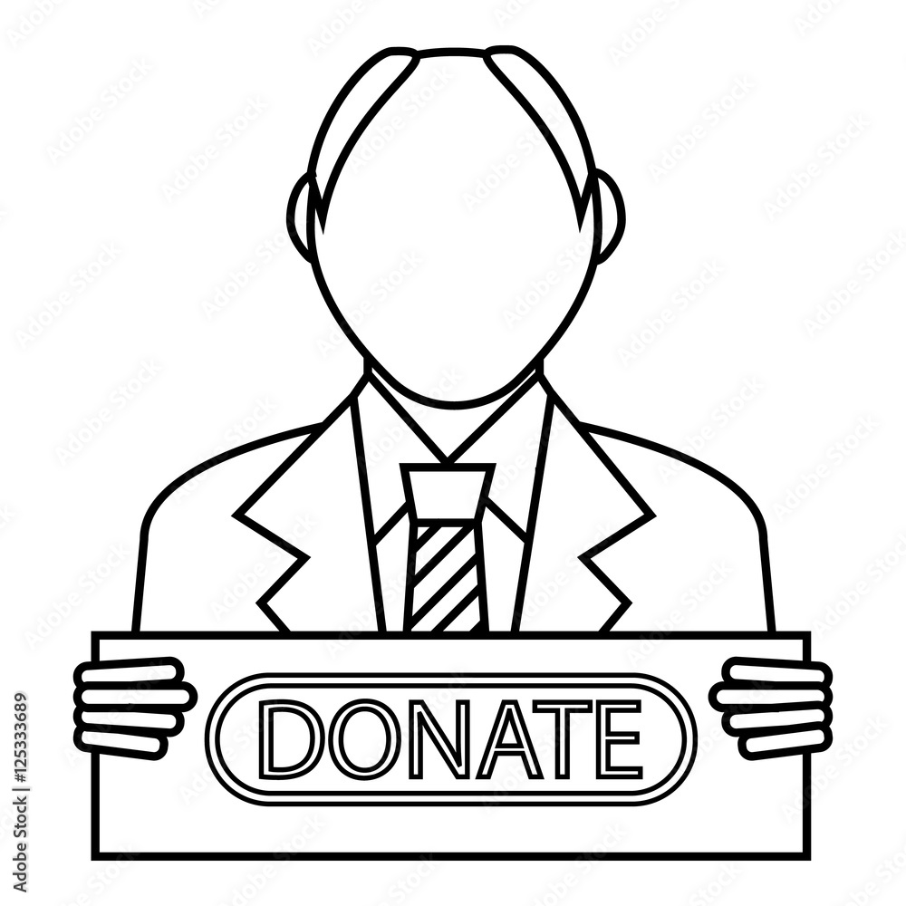 Poster man with a sign to donate icon. outline illustration of man with a sign to donate vector icon for we