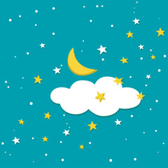 Night sky with moon, stars and cloud. Night sky in fairy tale style. Scattering of white and yellow stars.