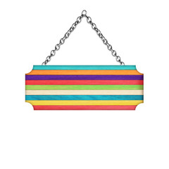 Wooden sign hanging on a chain isolated on white background; col
