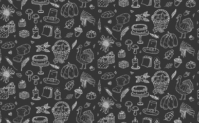 Seamless pattern Hand drawn doodle Thanksgiving icons set. Vector illustration autumn symbols collection. Cartoon various celebration elements: turkey, hat, cranberry, vegetables, pumpkin pie, leaves