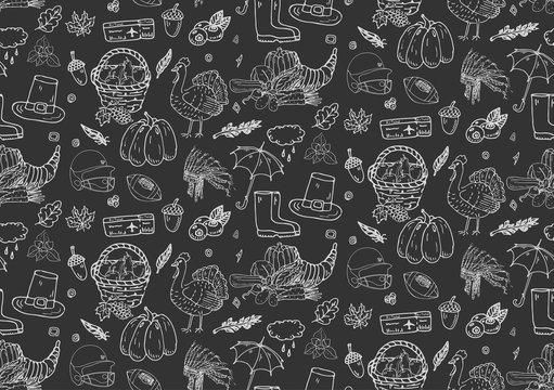 Seamless pattern Hand drawn doodle Thanksgiving icons set. Vector illustration autumn symbols collection. Cartoon various celebration elements: turkey, hat, cranberry, vegetables, pumpkin pie, leaves