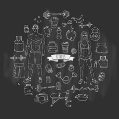 Hand drawn doodle fitness icons set. Vector illustration. Sport symbol collection. Cartoon bodybuilding various sketch elements: gym, sportsmen, diet, barbell, dumbbell, vitamin, protein, sport bag