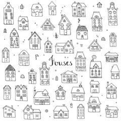 Hand drawn doodle street homes icons set. Vector illustration. Cottage symbol collection. Cartoon village buildings various sketch architectural elements: residential houses, housing, property