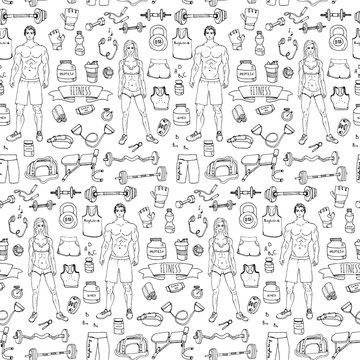 Seamless pattern hand drawn doodle fitness icons set. Vector illustration. Sport symbol collection. Cartoon bodybuilding various sketch elements: gym, sportsmen, barbell, dumbbell, vitamin, protein