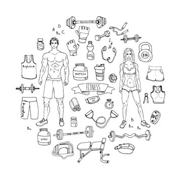 Hand drawn doodle fitness icons set. Vector illustration. Sport symbol collection. Cartoon bodybuilding various sketch elements: gym, sportsmen, diet, barbell, dumbbell, vitamin, protein, sport bag