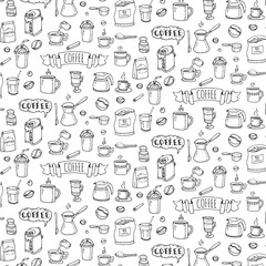 Seamless background hand drawn doodle Coffee time icons set Vector illustration isolated drink symbols collection Cartoon various beverage element: mug, cup, espresso, americano, irish, decaffeinated