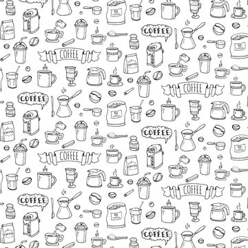 Seamless background hand drawn doodle Coffee time icons set Vector illustration isolated drink symbols collection Cartoon various beverage element: mug, cup, espresso, americano, irish, decaffeinated