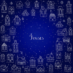 Hand drawn doodle street homes icons set. Vector illustration. Cottage symbol collection. Cartoon village buildings various sketch architectural elements: residential houses, housing, property