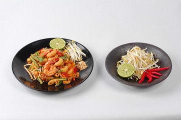 Thai fried macaroni with shrimp , call Pad Thai Macaroni in Thai,served with side dish