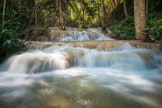 Pu Kaeng waterfall the most beautiful limestone waterfall in Chiangrai province of Thailand. © boyloso