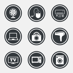 Home appliances, device icons. Electronics sign.