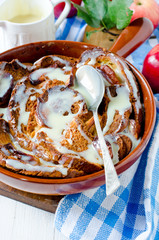 Apple caramel strata in a frying pan