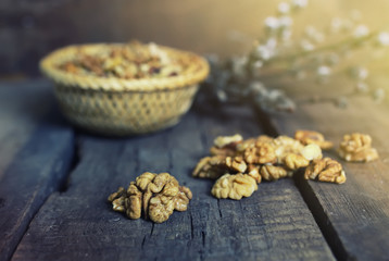 walnut on wooden background