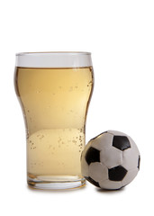 Glass beer mug and a ball on a white background