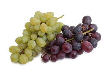 Bottle glass of wine and grapes on white background