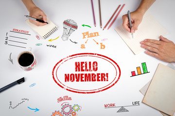HELLO NOVEMBER stamp. The meeting at the white office table