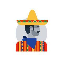 Mexican man in sombrero and poncho, side view turned head, brutal hero