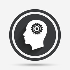 Head with gear sign icon. Male human head.