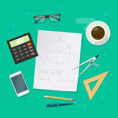 School lesson study concept, education objects on work desk top view, geometry math science elements, flat style design, paper sheets with math formulas and drawing graphs, ruler, pen, pencil vector