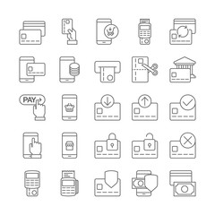 Pay on line and mobile banking outline icons