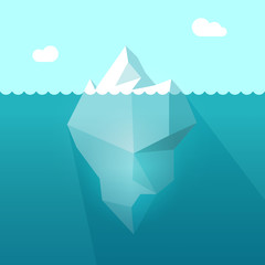 Iceberg in ocean water vector illustration, big iceberg floating in sea waves with huge underwater part and shadow