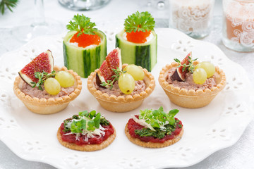 Set of festive Christmas mini appetizers, top view