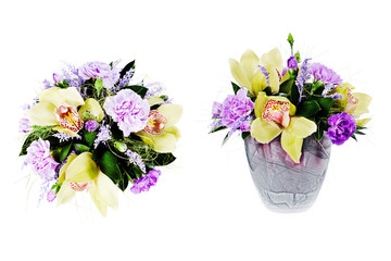 Naklejka na ściany i meble Colorful floral bouquet of roses,cloves and orchids isolated on white background.