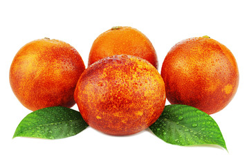 Ripe red blood oranges with green leaves isolated on white background.