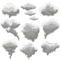 Plexiglas foto achterwand Cartoon rook vectorillustratie. Rokende grijze mistwolken op witte achtergrond © vectortatu