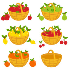 Fruits in baskets. Apples, pears, lemons, cherries and oranges. Vector illustration