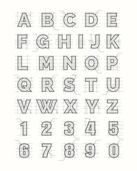Drafting paper alphabet. Vector drawing sketch font letters